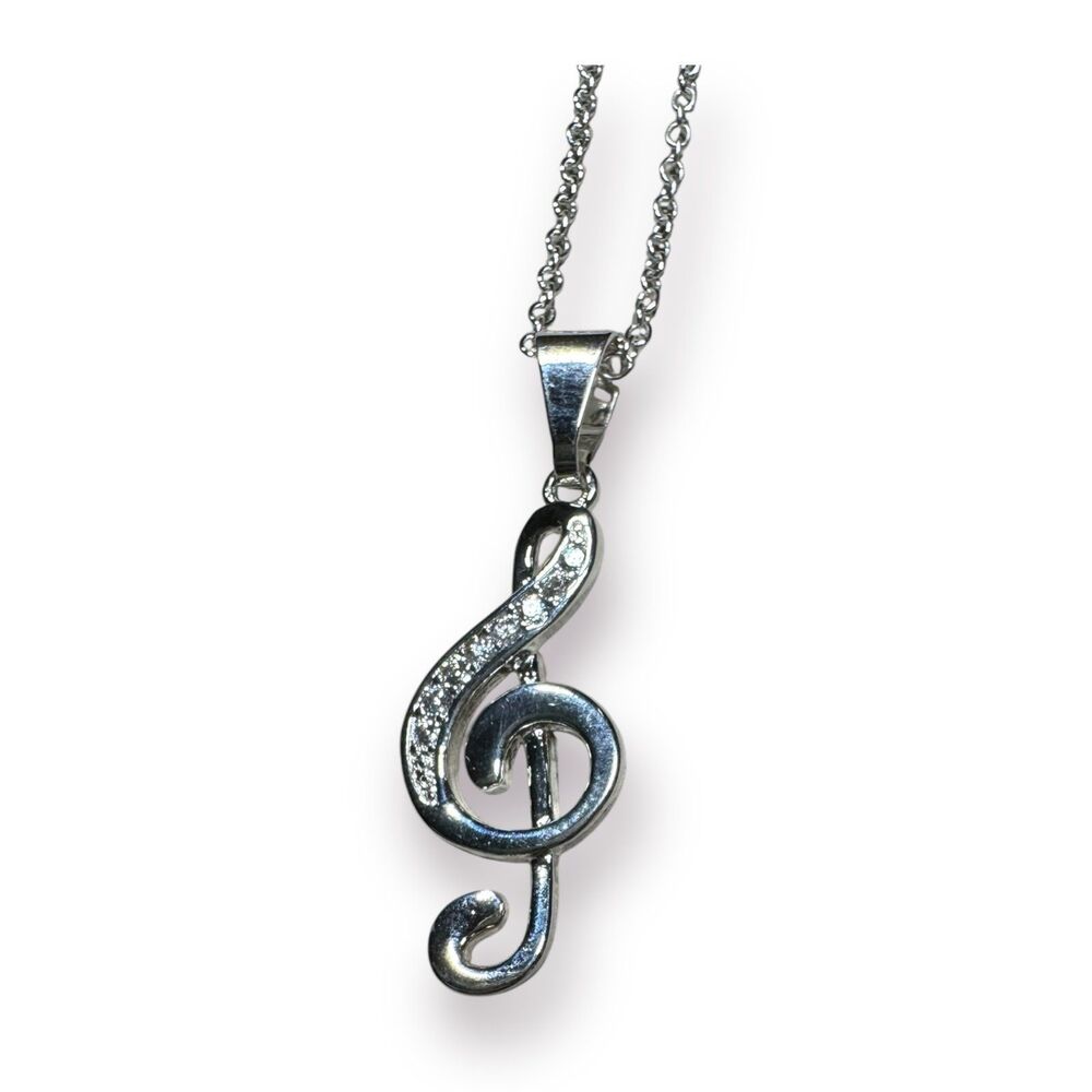 Music Note Rhinestone Sterling Silver 925 Necklace - Picture 3 of 6